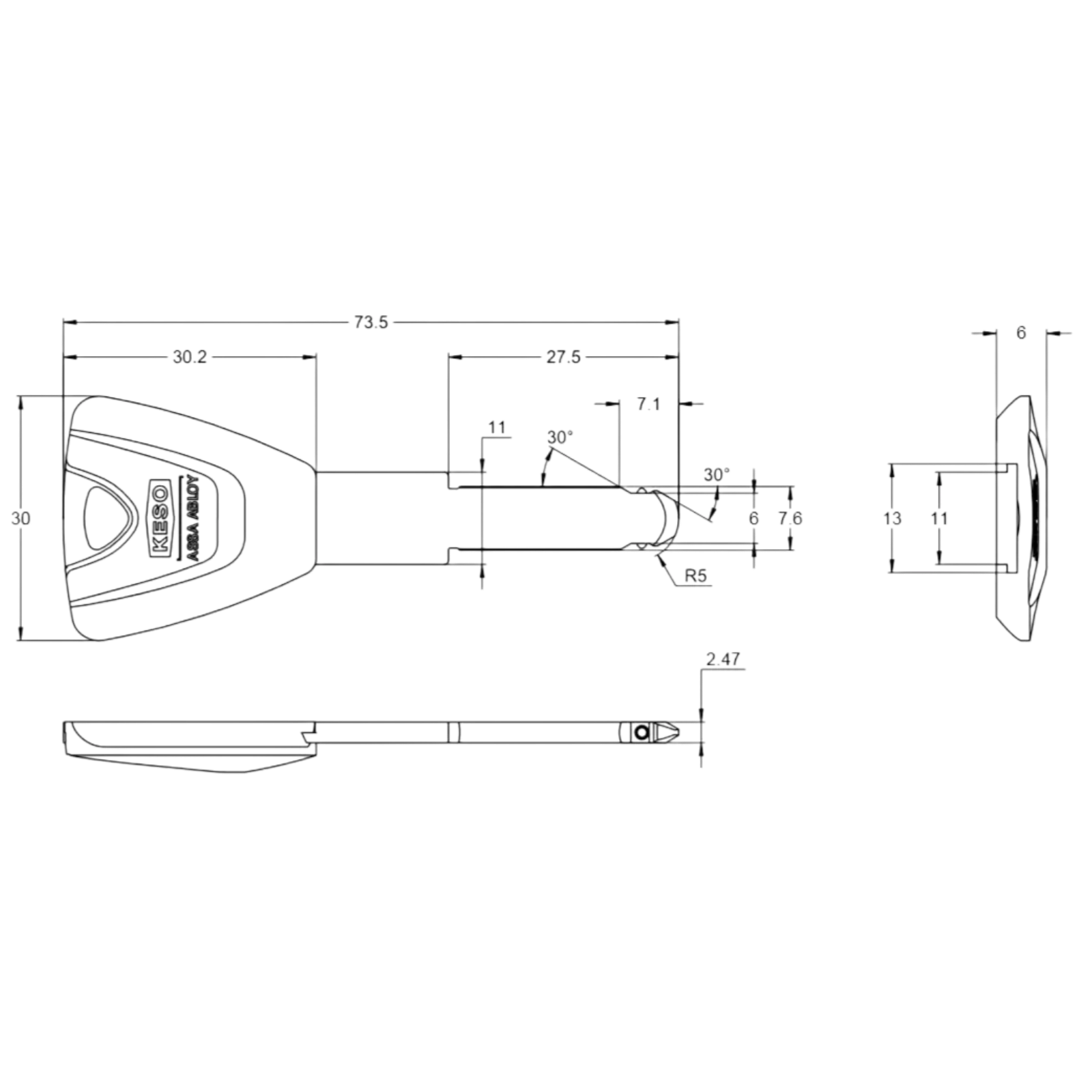 Technische Zeichnung Ersatzschlüssel extralang für KESO 8000 Omega²